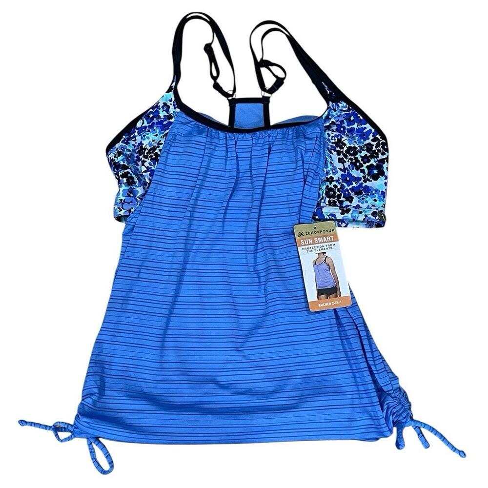 NWT -ZeroXposure 2 in 1 ruched Athletic Blue Floral Built In Bra Tank Top Size M